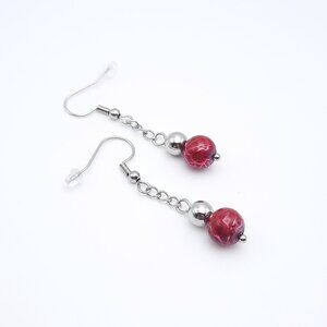 Red & Silver Dangle Drop Beaded Minimalist Chain Earrings Handmade Jewelry